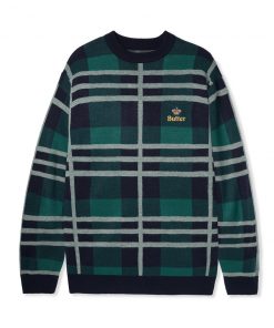 Butter Goods Plaid Knit Sweater, Navy / Forest / White