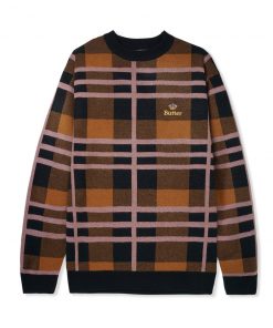 Butter Goods Fleece Plaid Knit Sweater, Black / Brown / Purple