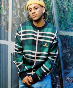 Butter Goods Plaid Knit Sweater, Navy / Forest / White